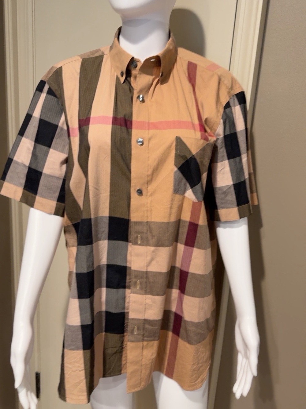 Authentic Burberry London Men’s Check Short Sleeve Shirt XL Beige Plaid